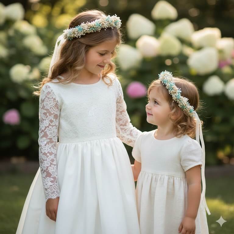 Corona de niña blanca y menta